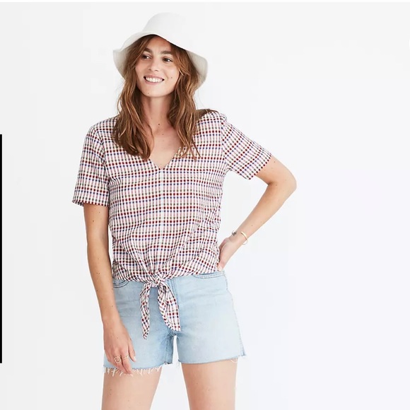 Madewell tie front top rainbow gingham check 3X v-neck short sleeve pullover - Picture 11 of 11